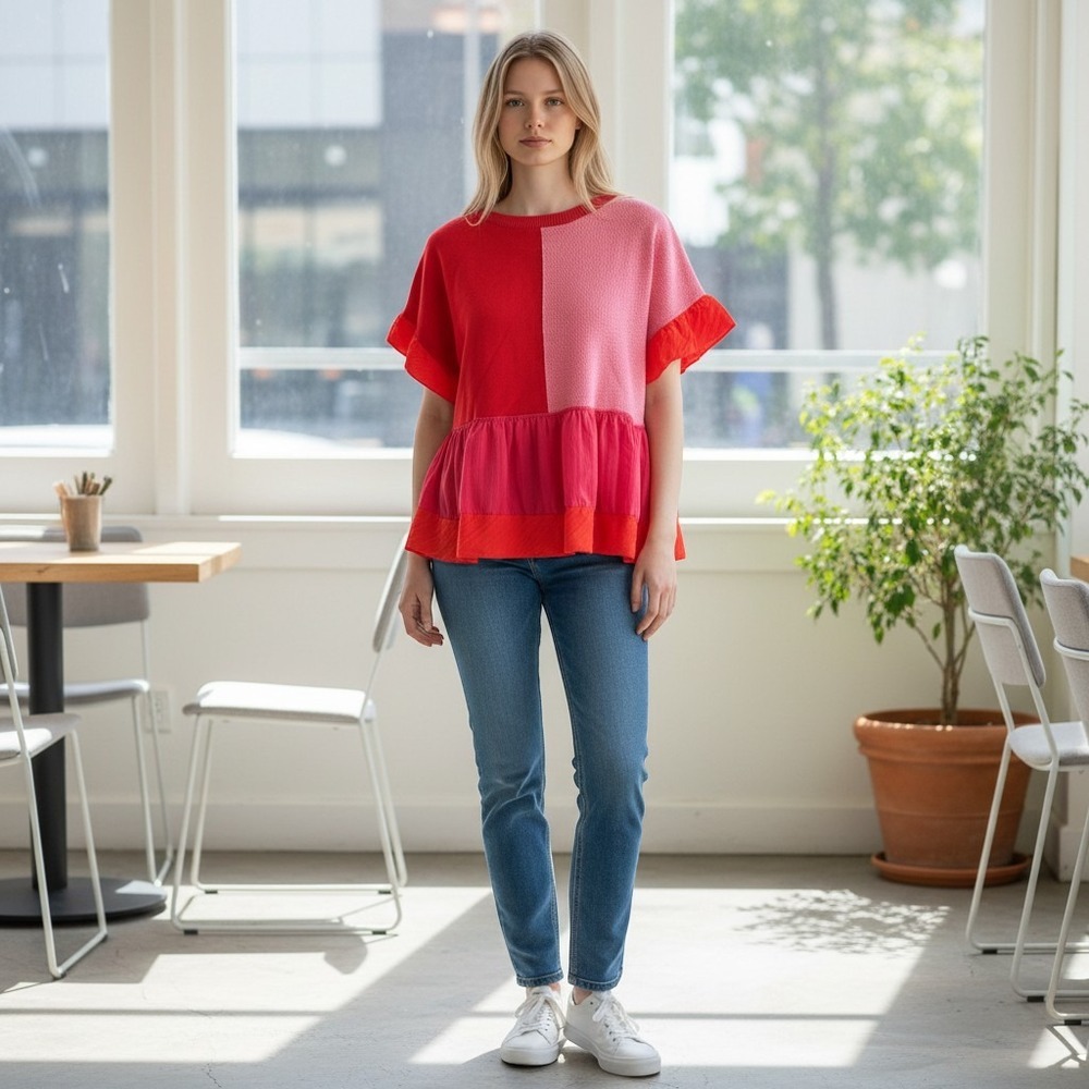 Red Pink Colorblock Ruffle Peplum Knit Top Oversize Relaxed Fit Small